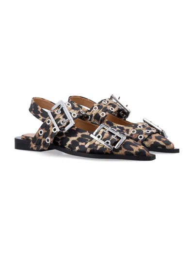 Ganni Leopard Feminine Buckle Flats In Animal Print Satin In Multi