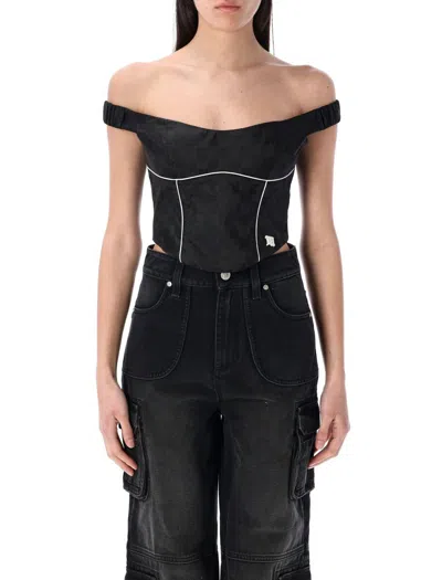 Misbhv Fitted Off-the-shoulder Textured Corset Top In Black