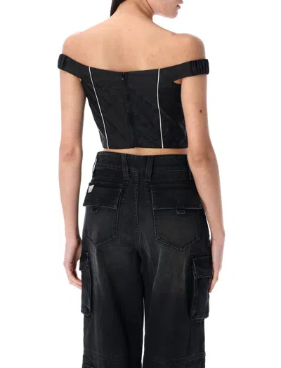Misbhv Fitted Off-the-shoulder Textured Corset Top In Black