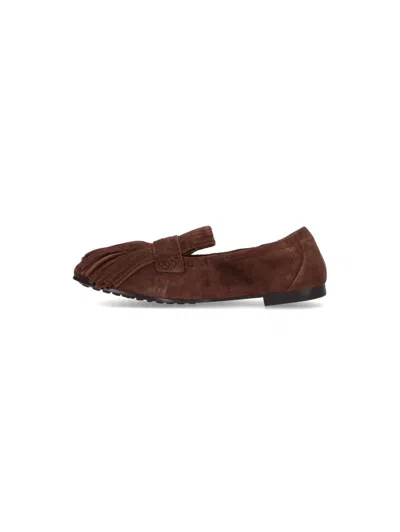 Tory Burch Ballet Fringe Suede Loafers With Rubber Sole In Brown