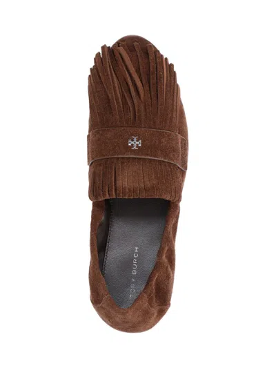 Tory Burch Ballet Fringe Suede Loafers With Rubber Sole In Brown