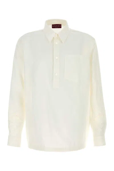 Gucci Long Sleeve Linen Polo Shirt With Chest Pocket In Multi