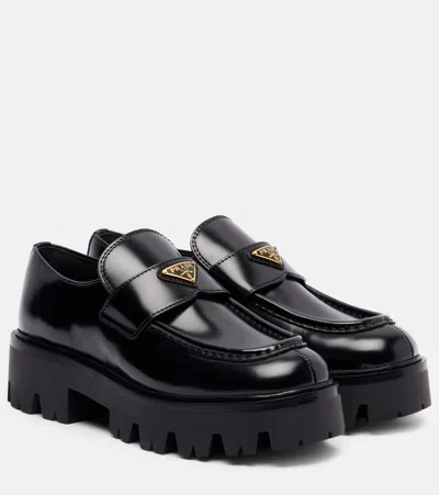 Prada Platform Leather Triangle Logo Loafers In Black