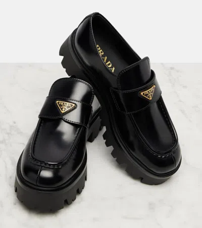 Prada Platform Leather Triangle Logo Loafers In Black