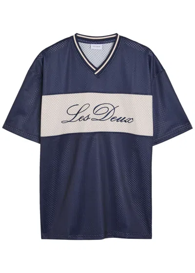 Les Deux Bronson Logo-embroidered Perforated Mesh T-shirt In Blue