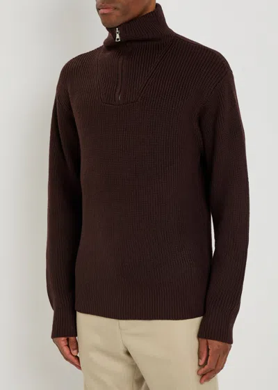 Officine Generale Tarek Ribbed Merino Wool Half-zip Sweater In Burgundy