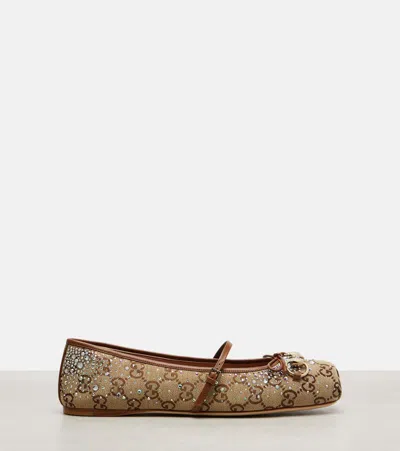 Gucci Horsebit Embellished Canvas Ballet Flats In Brown