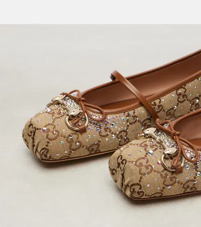 Gucci Horsebit Embellished Canvas Ballet Flats In Brown