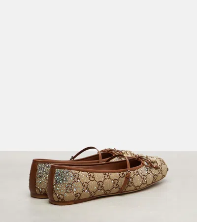 Gucci Horsebit Embellished Canvas Ballet Flats In Brown