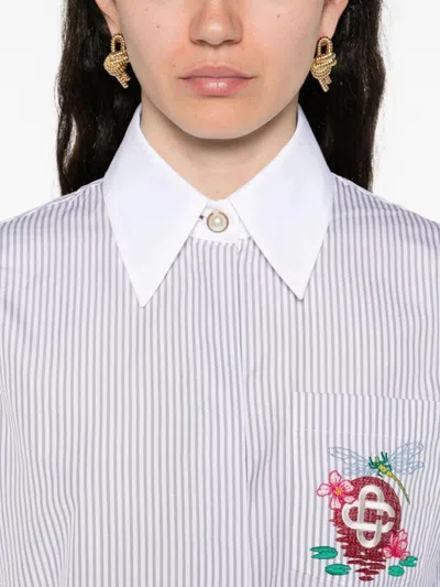 Casablanca Cropped Long-sleeved Striped Shirt With Floral Embroidery In Multi