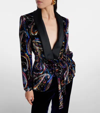 Etro Paisley Foliage Motif Belted Velvet Blazer In Black