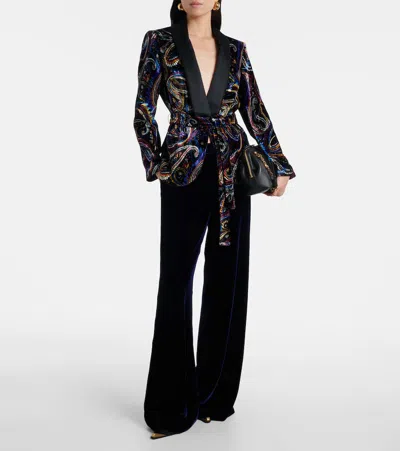 Etro Paisley Foliage Motif Belted Velvet Blazer In Black