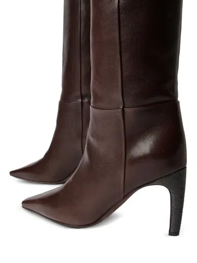 Brunello Cucinelli 80mm Pointed Heel Leather Boots In Brown