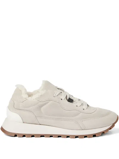 Brunello Cucinelli Shearling-lined Suede Low-top Sneakers In Neutral