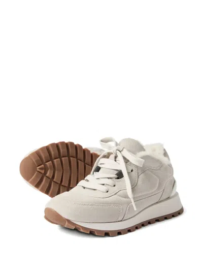 Brunello Cucinelli Shearling-lined Suede Low-top Sneakers In Neutral
