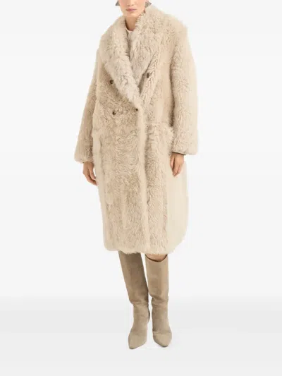 Brunello Cucinelli Double-breasted Shearling Coat In Neutral
