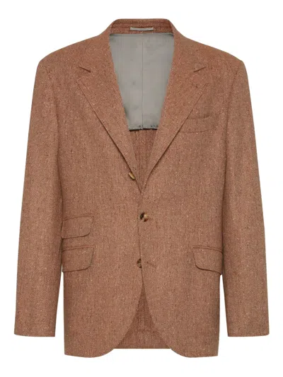Brunello Cucinelli Herringbone-pattern Single-breasted Blazer In Brown