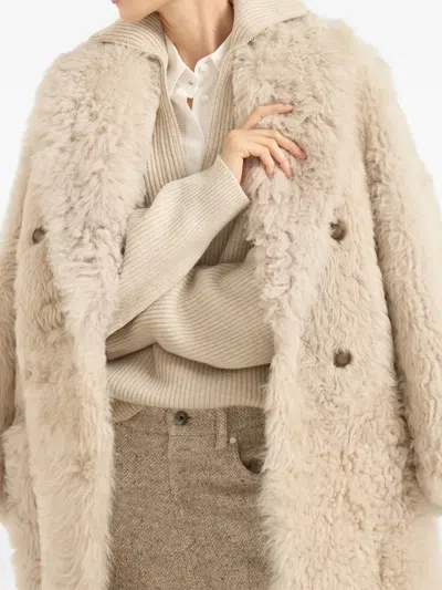 Brunello Cucinelli Double-breasted Shearling Coat In Neutral
