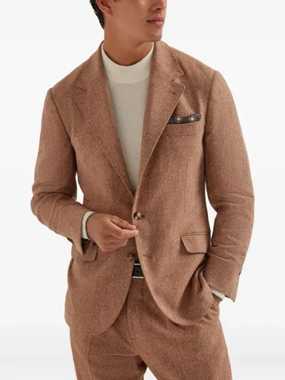 Brunello Cucinelli Herringbone-pattern Single-breasted Blazer In Brown