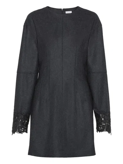 Brunello Cucinelli Mini Dress With Wispy Lace Cuffs In Gray