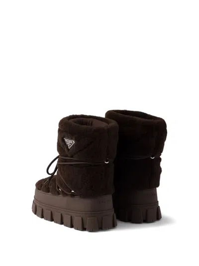 Prada Faux-fur Lace-up Ankle Boots In Brown