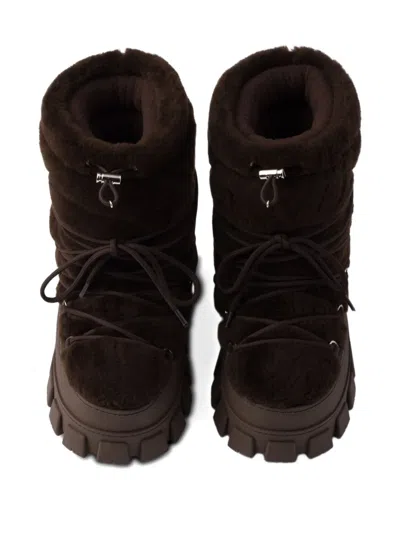 Prada Faux-fur Lace-up Ankle Boots In Brown
