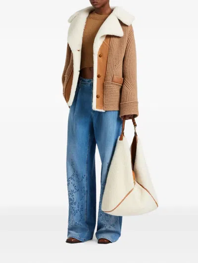 Ermanno Scervino Oversized Cardigan In Merino Wool Blend With Suede Inserts And Shearling Collar In Brown