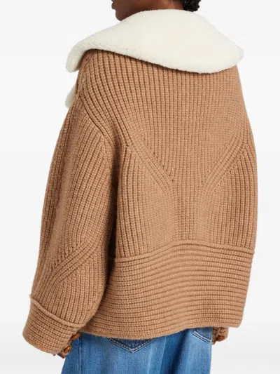 Ermanno Scervino Oversized Cardigan In Merino Wool Blend With Suede Inserts And Shearling Collar In Brown