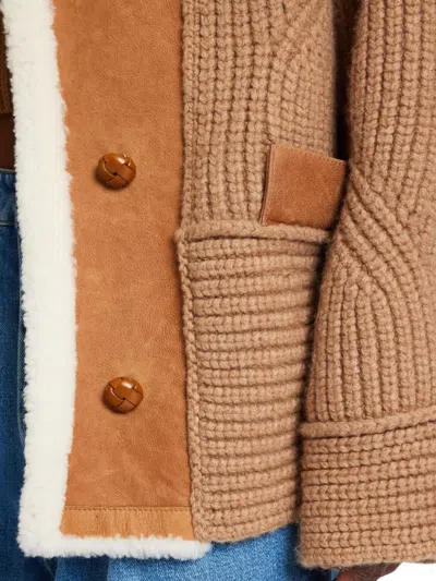 Ermanno Scervino Oversized Cardigan In Merino Wool Blend With Suede Inserts And Shearling Collar In Brown