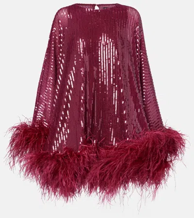 Taller Marmo Vegas Sequined Feather-trimmed Chiffon Kaftan In Burgundy