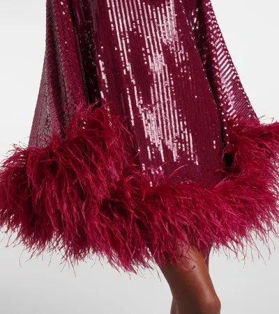Taller Marmo Vegas Sequined Feather-trimmed Chiffon Kaftan In Burgundy