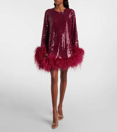 Taller Marmo Vegas Sequined Feather-trimmed Chiffon Kaftan In Burgundy