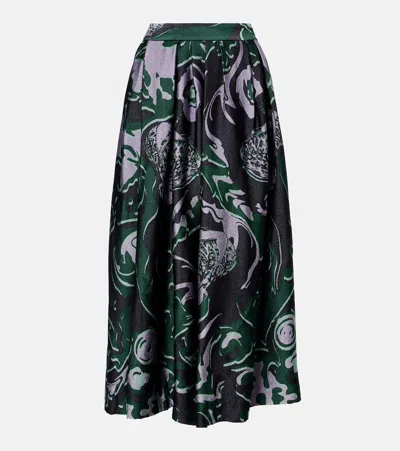 Dries Van Noten Soni Abstract Floral Jacquard Pleated Crepe A-line Midi Skirt In Brown