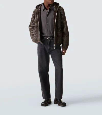 Our Legacy Mens Level Ribbed Wool Hoodie Vanise Brown Stripe In Gray