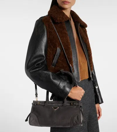 Prada Bonnie Medium Suede Shoulder Bag In Black