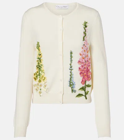 Oscar De La Renta Foxglove Embroidered Virgin Wool Cardigan In White