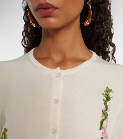 Oscar De La Renta Foxglove Embroidered Virgin Wool Cardigan In White