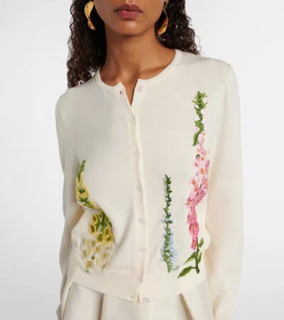 Oscar De La Renta Foxglove Embroidered Virgin Wool Cardigan In White