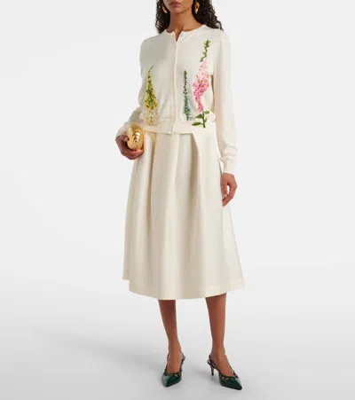 Oscar De La Renta Foxglove Embroidered Virgin Wool Cardigan In White
