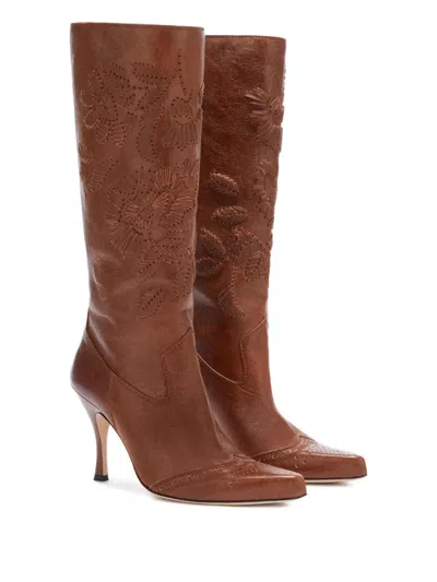 Ermanno Scervino Floral-embroidered Boots In Brown