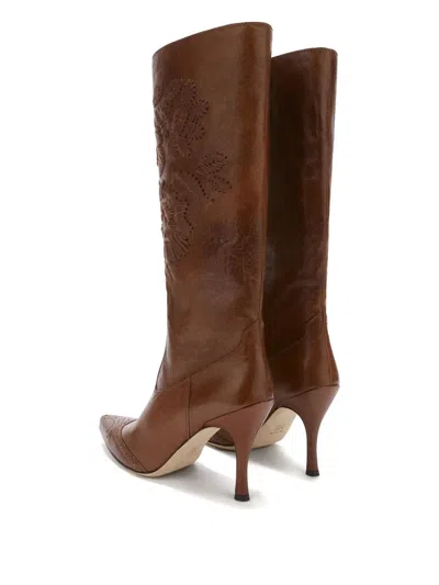 Ermanno Scervino Floral-embroidered Boots In Brown