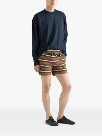 Prada Striped Swim Trunks In Brown