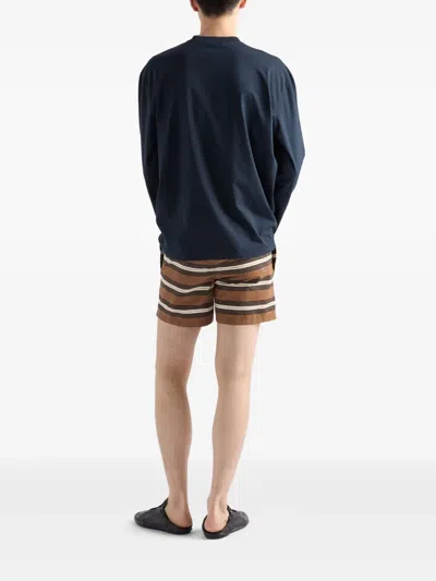 Prada Striped Swim Trunks In Brown