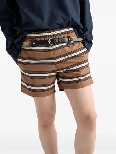 Prada Striped Swim Trunks In Brown