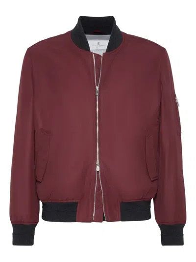 Brunello Cucinelli Padded Cashmere-trimmed Shell Bomber Jacket In Burgundy