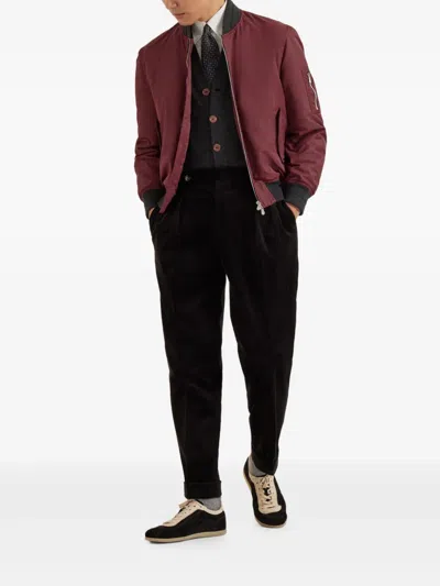 Brunello Cucinelli Padded Cashmere-trimmed Shell Bomber Jacket In Burgundy