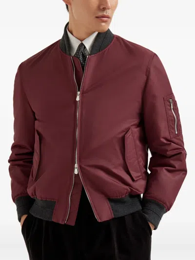 Brunello Cucinelli Padded Cashmere-trimmed Shell Bomber Jacket In Burgundy