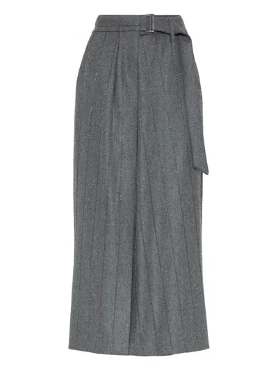 Brunello Cucinelli Pinstripe Wrap Long Skirt In Gray