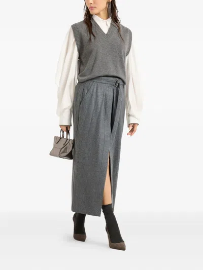 Brunello Cucinelli Pinstripe Wrap Long Skirt In Gray