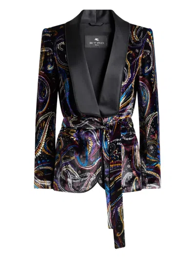 Etro Paisley Foliage Motif Belted Velvet Blazer In Black